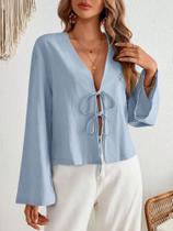 Blusa Feminina Solta Com Decote Em V, Renda E Manga Bufante, Moda Casual De Verão 2024