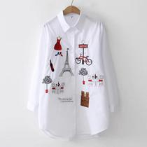 Blusa Feminina Solta de Algodão - Manga Comprida, Bordada e com Botão Blusa Feminina Solta de Algodão - Manga Comprida, Bordada e com Botão