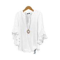 Blusa Feminina Solta De Chiffon Com Decote V, Manga Três Quartos Com Babado, Cor Sólida, Camisa Blusa Feminina Solta De Chiffon Com Decote V, Manga Três Quartos Com Babado, Cor Sólida, Camisa