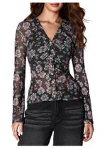 Blusa feminina SOLY HUX, manga comprida, boho, estampa floral, decote em V Blusa feminina SOLY HUX, manga comprida, boho, estampa floral, decote em V