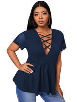 Blusa feminina SOLY HUX plus size cruzada com decote em V azul Blusa feminina SOLY HUX plus size cruzada com decote em V azul