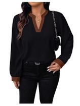 Blusa feminina SOLY HUX plus size entalhada com decote em V marrom/preta Blusa feminina SOLY HUX plus size entalhada com decote em V marrom/preta