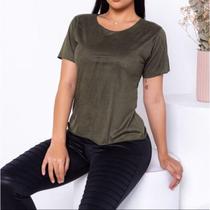 Blusa feminina suede manga curta gola rasa casual elegante