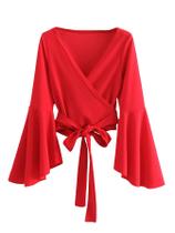 Blusa feminina SweatyRocks de manga comprida com decote em V, vermelha S Blusa feminina SweatyRocks de manga comprida com decote em V, vermelha S