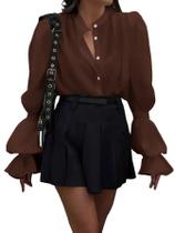 Blusa feminina SweatyRocks de manga folhada com botões, marrom