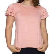 Blusa Feminina T-Shirt Suede Manga 3 Babados camiseta lancamento verão 2024