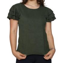 Blusa Feminina T-Shirt Suede Manga 3 Babados Tendência Verão