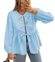 Blusa feminina Tankaneo, com gravata frontal, manga comprida, azul