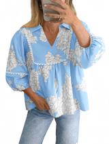 Blusa feminina Tankaneo Floral Peplum Babydoll com decote em V azul claro