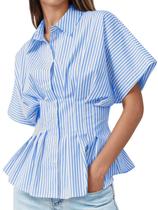 Blusa feminina Tankaneo listrada Peplum Button Down azul