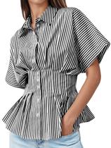 Blusa feminina Tankaneo listrada Peplum com botões e manga curta