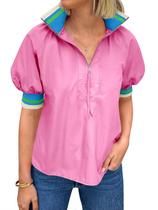 Blusa feminina Tankaneo, manga folhada, cor, bloco, decote em V, rosa Blusa feminina Tankaneo, manga folhada, cor, bloco, decote em V, rosa