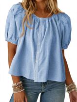 Blusa feminina Tankaneo, manga folhada, guingão, xadrez, azul claro