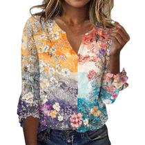 Blusa feminina TBILILO Boho, manga 3/4, babados, decote em V, casual Blusa feminina TBILILO Boho, manga 3/4, babados, decote em V, casual