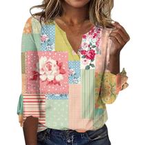 Blusa feminina TBILILO com babados, manga 3/4, decote em V, boho, floral Blusa feminina TBILILO com babados, manga 3/4, decote em V, boho, floral