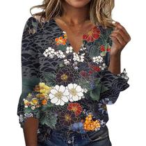 Blusa feminina TBILILO com decote em V com babados, manga 3/4, branca, floral M Blusa feminina TBILILO com decote em V com babados, manga 3/4, branca, floral M