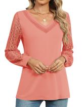 Blusa feminina TCOT com decote em V, manga comprida, renda, rosa coral, S