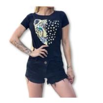 Blusa feminina tecido viscolycra T shirt manga curta onça pintada