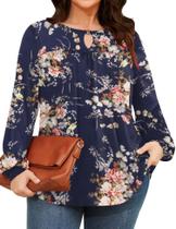 Blusa feminina TFSDOD plus size de manga comprida floral azul marinho Blusa feminina TFSDOD plus size de manga comprida floral azul marinho