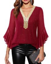 Blusa feminina Timeson Sparkly com decote em V e manga com babados vermelha 2GG