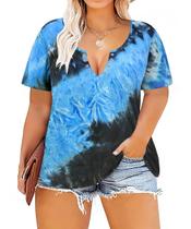 Blusa feminina TIYOMI plus size de manga curta com decote em V tingida de azul