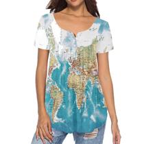 Blusa feminina Top Showudesigns Wolds Maps tamanho S com decote em V e manga curta Blusa feminina Top Showudesigns Wolds Maps tamanho S com decote em V e manga curta