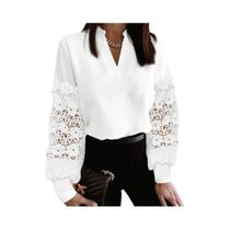 Blusa Feminina Transparente De Renda Com Manga Longa E Decote Em V, Elegante Para Escritório E