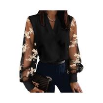 Blusa Feminina Transparente De Renda Com Manga Longa E Decote Em V, Elegante Para Escritório E Blusa Feminina Transparente De Renda Com Manga Longa E Decote Em V, Elegante Para Escritório E