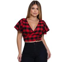 Blusa Feminina Transpassada Amarrar Xadrez São João Festa Junina -