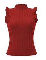 Blusa feminina tricô canelado com babado na manga