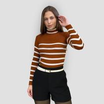 Blusa Feminina Tricô Canelado Listrado Inverno Gola Alta