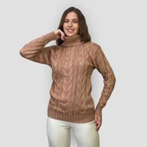 Blusa Feminina Tricô Gola Alta Manga Longa Básica Trança Lã