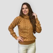Blusa Feminina Tricô Gola Alta Manga Longa Básica Trança Lã