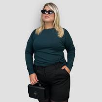 Blusa Feminina Tricô Plus Size Lã Elastano Liso Gola Redonda