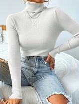 Blusa Feminina Tricot Canelado Gola Alta Manga Longa