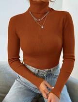 Blusa Feminina Tricot Canelado Gola Alta Manga Longa
