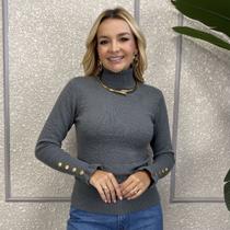 Blusa Feminina Tricot Gola Alta Manga Botão Tendência Inverno