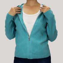 Blusa Feminina Tricot Lã Canelada Aberta Com Zíper Blusão