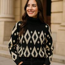 Blusa Feminina Tricot Manga Longa Gola Alta Estampa Geométrica
