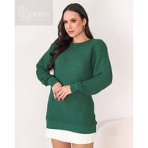 Blusa Feminina Tricot Mesclada Manga Longa Suéter Tricô Gola Redonda Inverno
