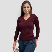 Blusa Feminina Tricot Transinha Gola V Basica Elastano Manga Longa