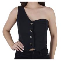 Blusa Feminina Trimix Cropped Ombro Preta - 5378