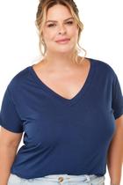 Blusa Feminina Tshirt Camiseta Plus Size Decote V Viscolycra Azul Escuro GG Veste 48/54 Moda Curve