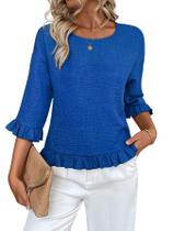 Blusa feminina Urchics com babados, manga 3/4, linho, azul, tamanho M