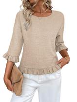 Blusa feminina Urchics com babados, manga 3/4, linho, cáqui M