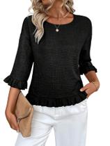 Blusa feminina Urchics com babados, manga 3/4, linho, preta, tamanho M