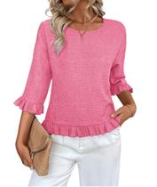 Blusa feminina Urchics com babados, manga 3/4, linho, rosa, tamanho GG