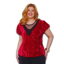 Blusa Feminina Veludo Manga Balone c/Renda Gola V Plus Size