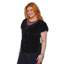Blusa Feminina Veludo Manga Balone c/Renda Gola V Plus Size