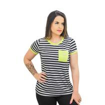 Blusa Feminina Verão Curta Estampada Básica Listrada Com Bolso Neon